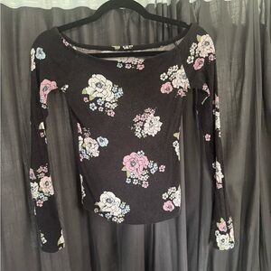 Arizona Jean Company Black Floral Long Sleeve Blouse Y2K